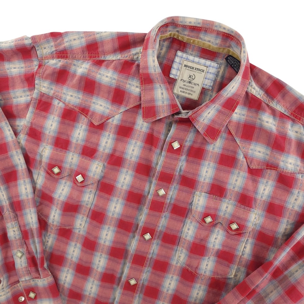 Rough Stock Shirt Mens XL Red Plaid Long Sleeve Western Snap Button Cowboy